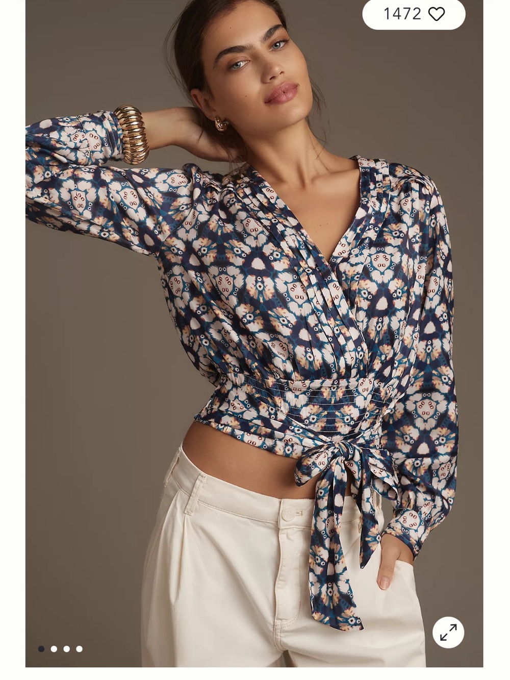 Anthropologie Navy and Cream Floral Tie-Front V-Neck Blouse